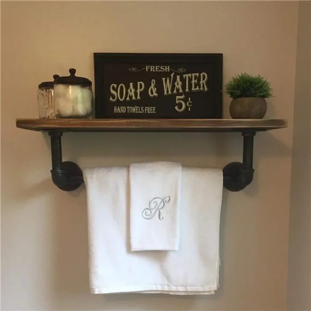 Pipe Shelving, Bathroom Shelves with Towel bar, 24in ,1 Tier, Retro Brown